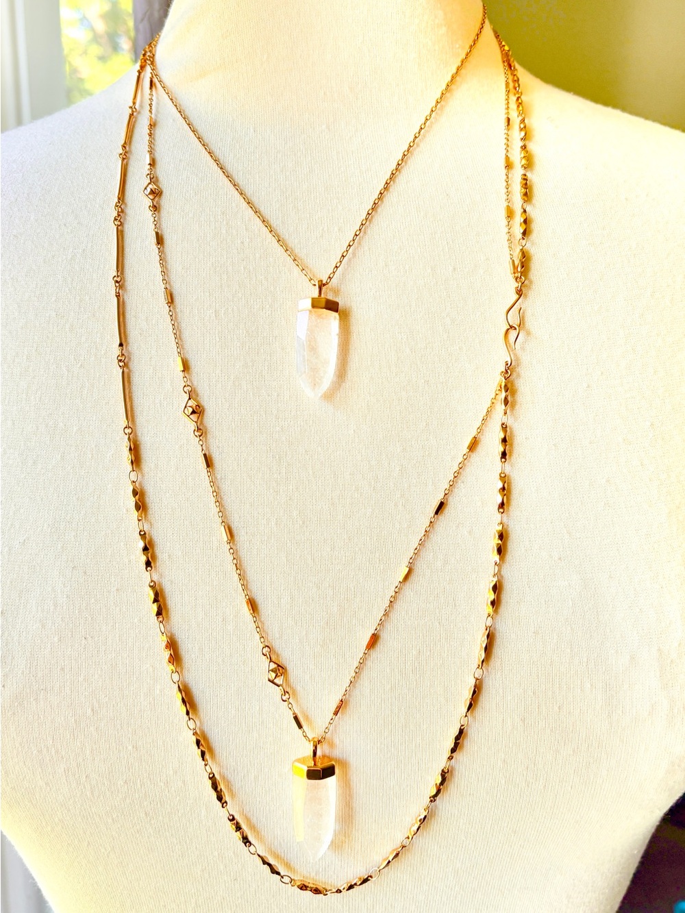 Stella & Dot Necklace Natural Quartz Crystal Gold-Toned long layered chains